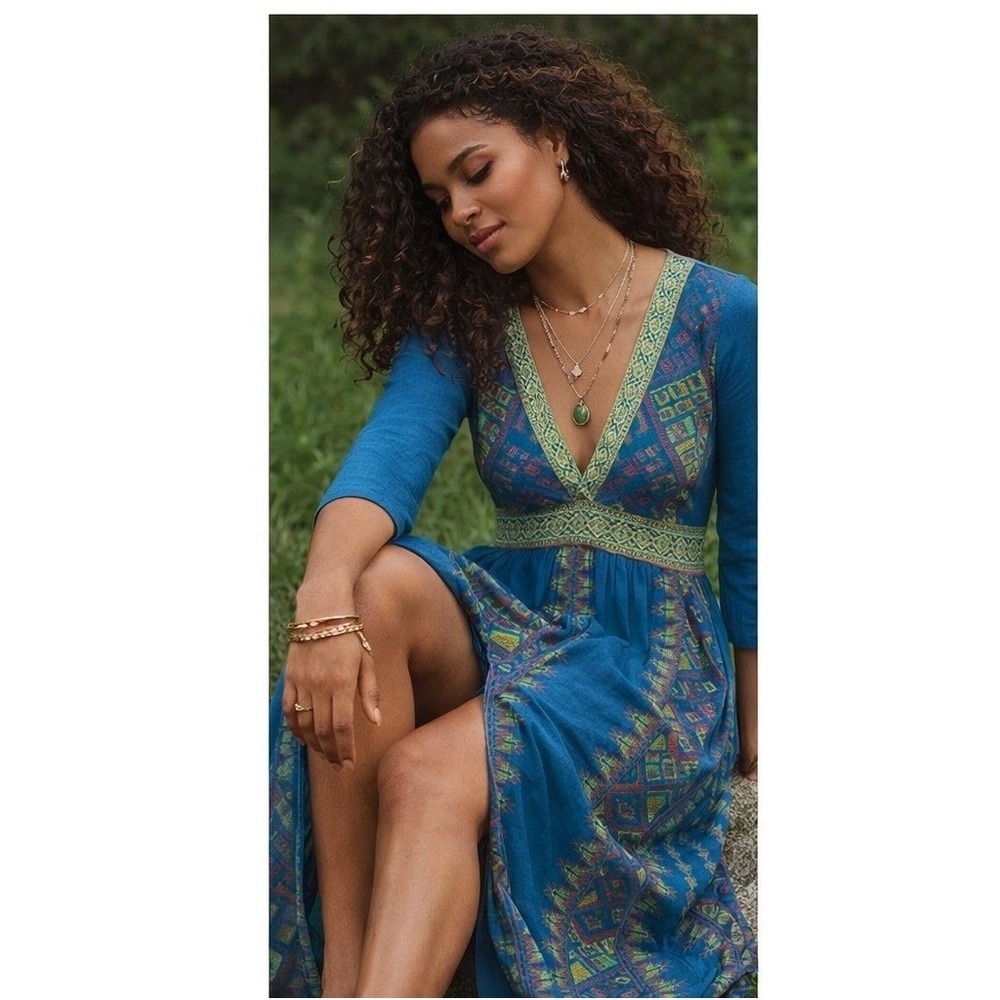 Earthbound Trading Co Womens Geometric Print Maxi Dress Teal Green Size S - Picture 2 of 13